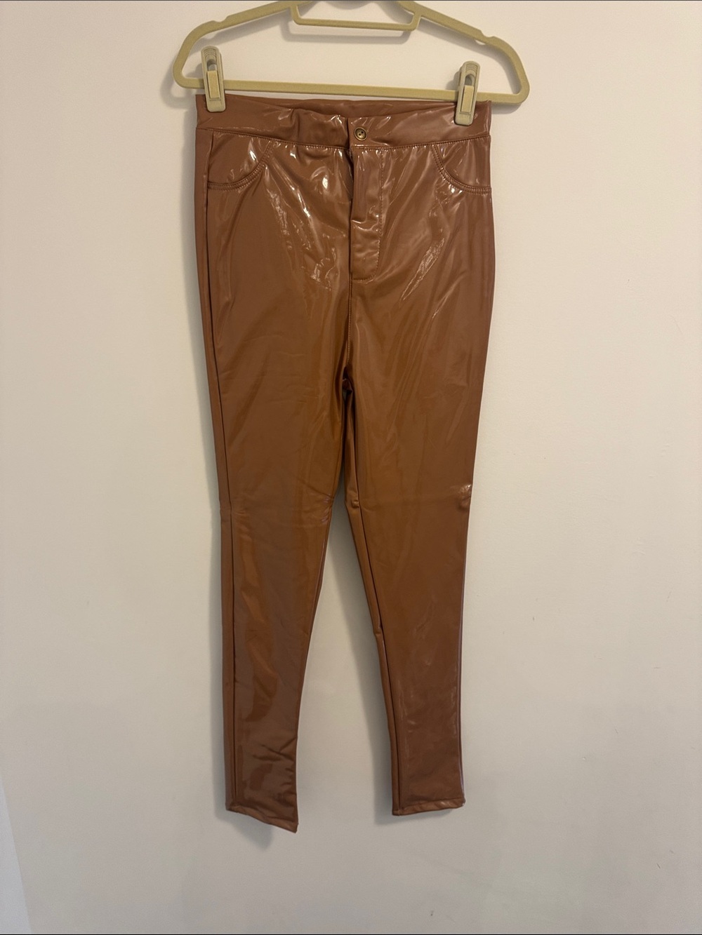 High-Shine Faux Leather Leggings — Camel Brown